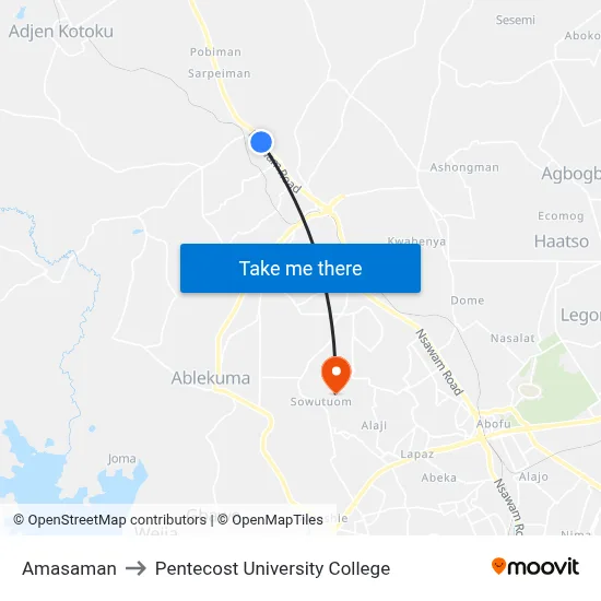 Amasaman to Pentecost University College map