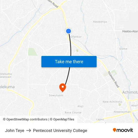 John Teye to Pentecost University College map