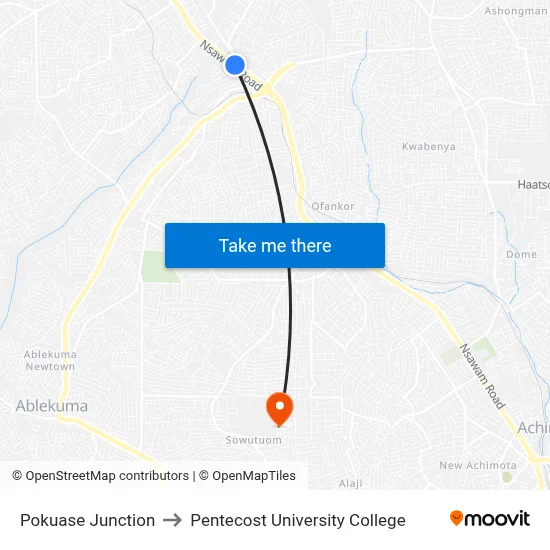 Pokuase Junction to Pentecost University College map