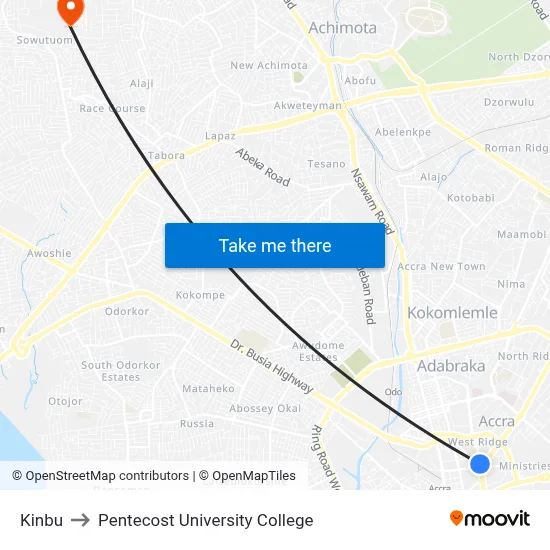 Kinbu to Pentecost University College map