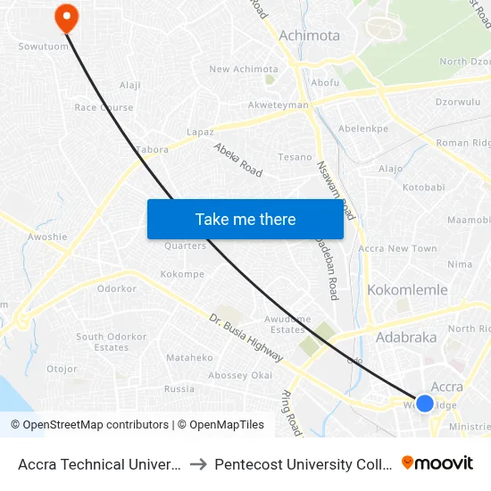 Accra Technical University to Pentecost University College map