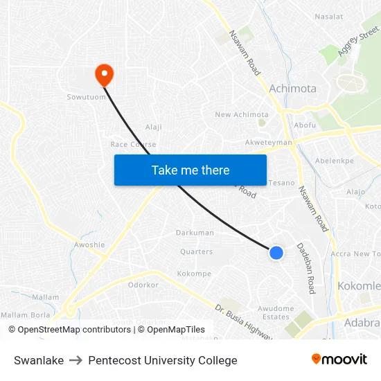 Swanlake to Pentecost University College map