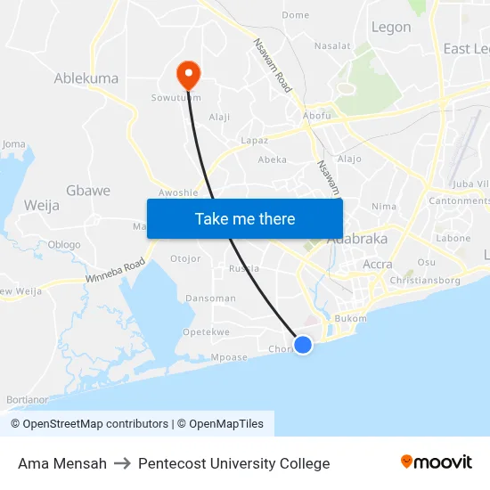 Ama Mensah to Pentecost University College map