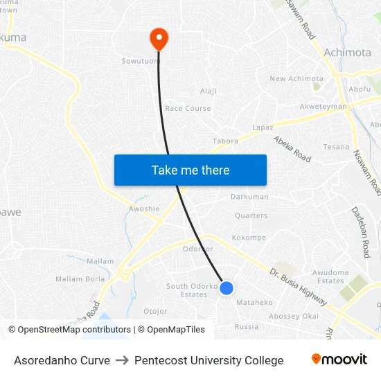 Asoredanho Curve to Pentecost University College map