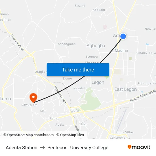Adenta Station to Pentecost University College map