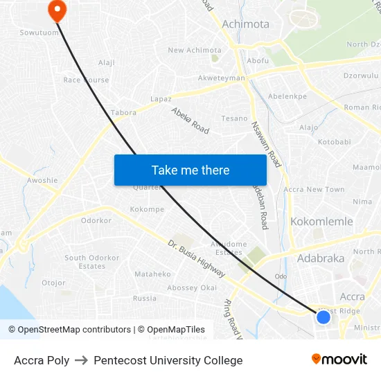 Accra Poly to Pentecost University College map