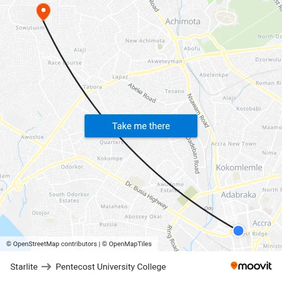 Starlite to Pentecost University College map