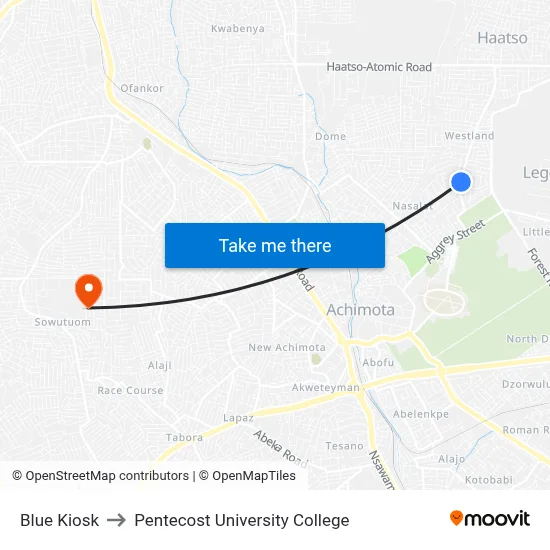 Blue Kiosk to Pentecost University College map