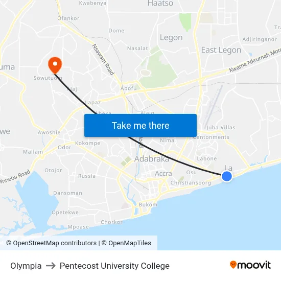 Olympia to Pentecost University College map
