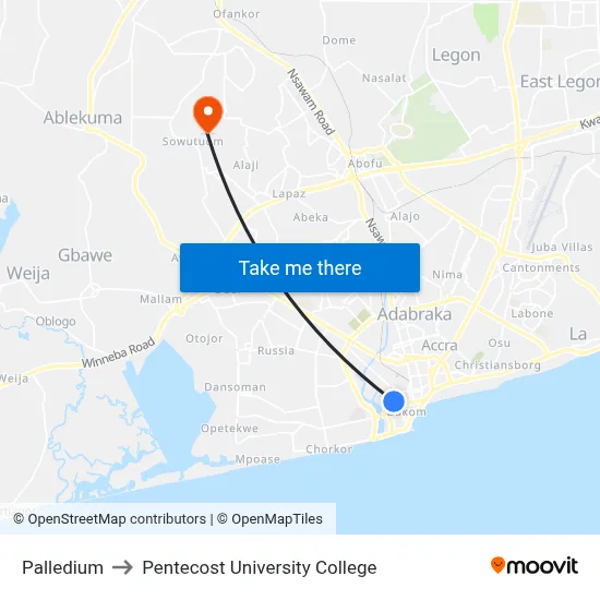 Palledium to Pentecost University College map