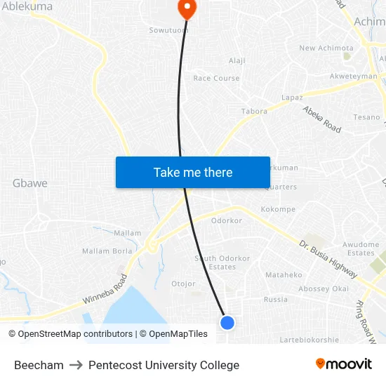 Beecham to Pentecost University College map