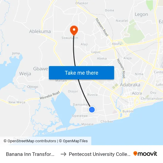Banana Inn Transformer to Pentecost University College map
