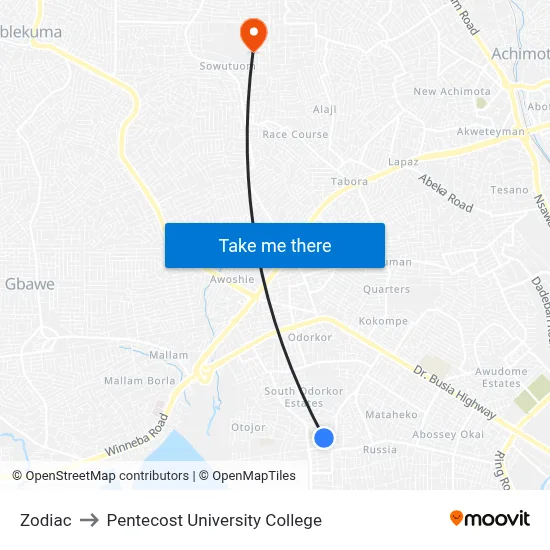 Zodiac to Pentecost University College map