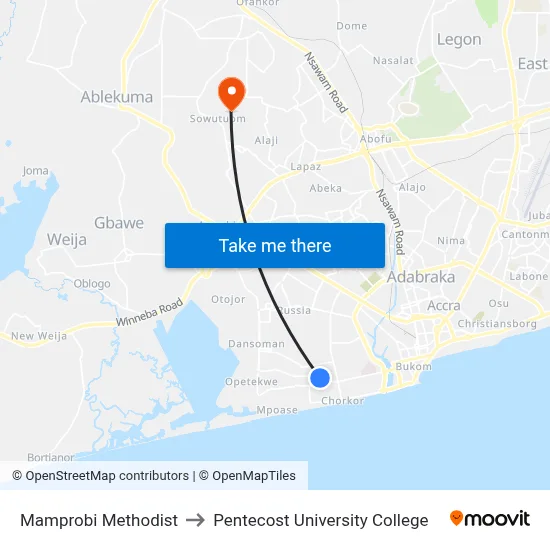 Mamprobi Methodist to Pentecost University College map