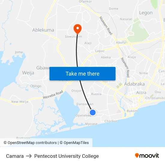 Camara to Pentecost University College map