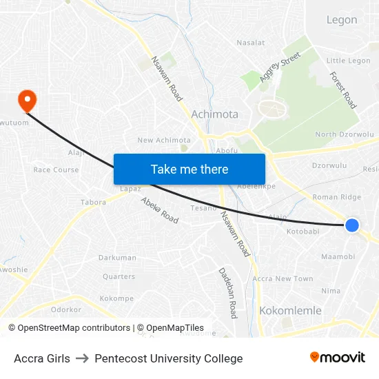 Accra Girls to Pentecost University College map