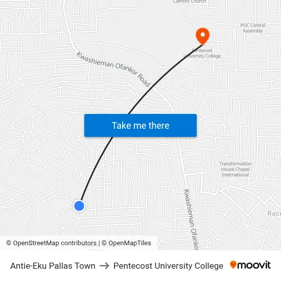 Antie-Eku Pallas Town to Pentecost University College map