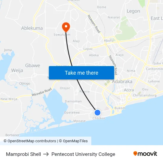 Mamprobi Shell to Pentecost University College map