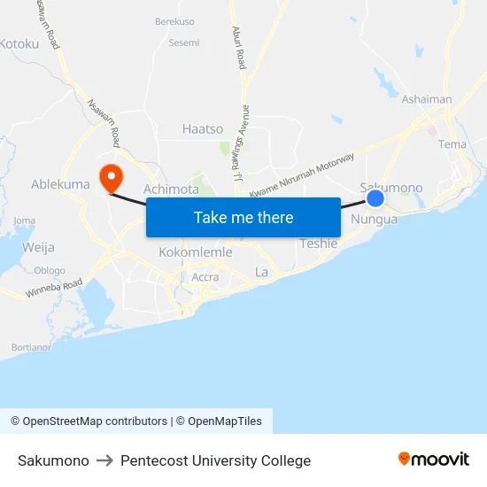 Sakumono to Pentecost University College map