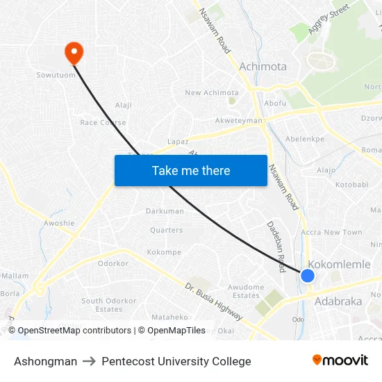 Ashongman to Pentecost University College map