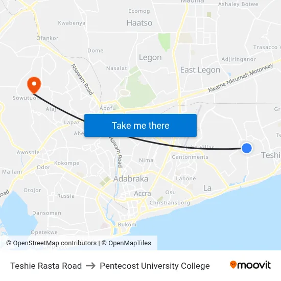 Teshie Rasta Road to Pentecost University College map