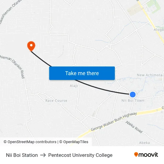 Nii Boi Station to Pentecost University College map