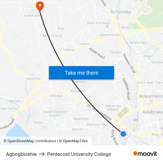 Agbogbloshie to Pentecost University College map