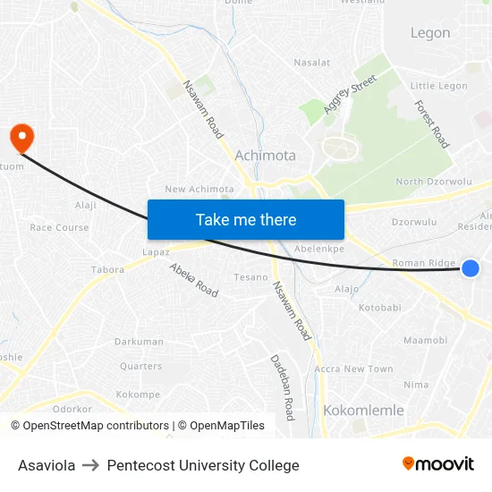 Asaviola to Pentecost University College map