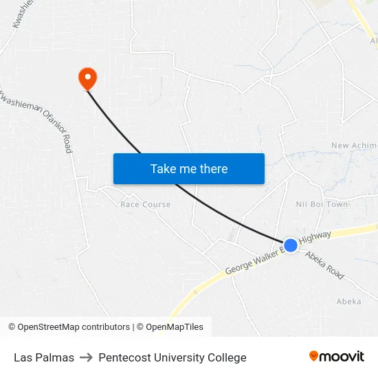 Las Palmas to Pentecost University College map