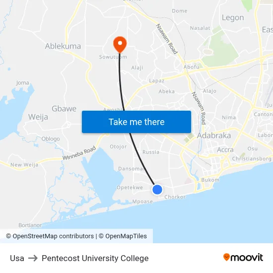 Usa to Pentecost University College map