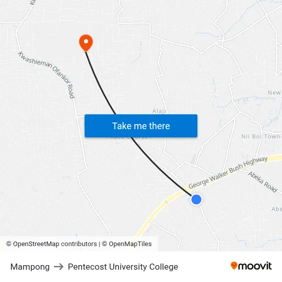 Mampong to Pentecost University College map