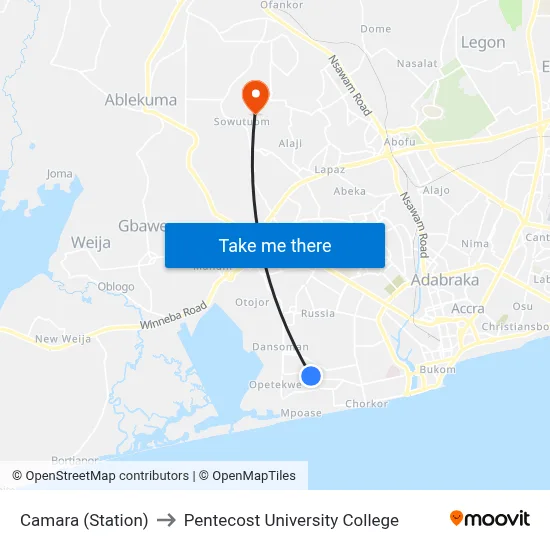 Camara (Station) to Pentecost University College map