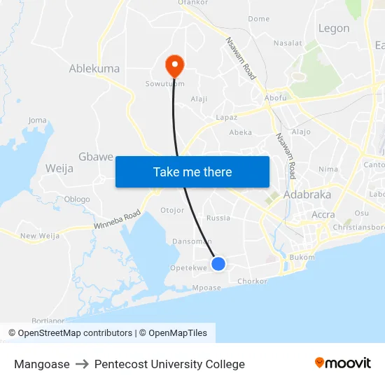 Mangoase to Pentecost University College map