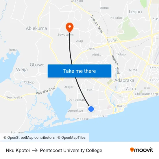 Nku Kpotoi to Pentecost University College map