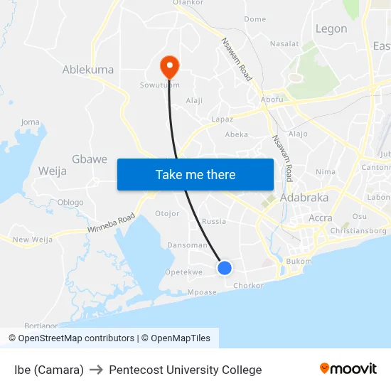 Ibe (Camara) to Pentecost University College map