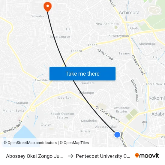 Abossey Okai Zongo Junction to Pentecost University College map
