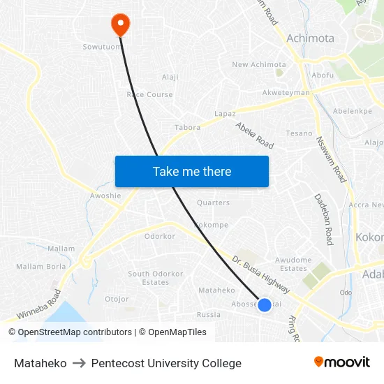 Mataheko to Pentecost University College map