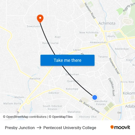 Presby Junction to Pentecost University College map