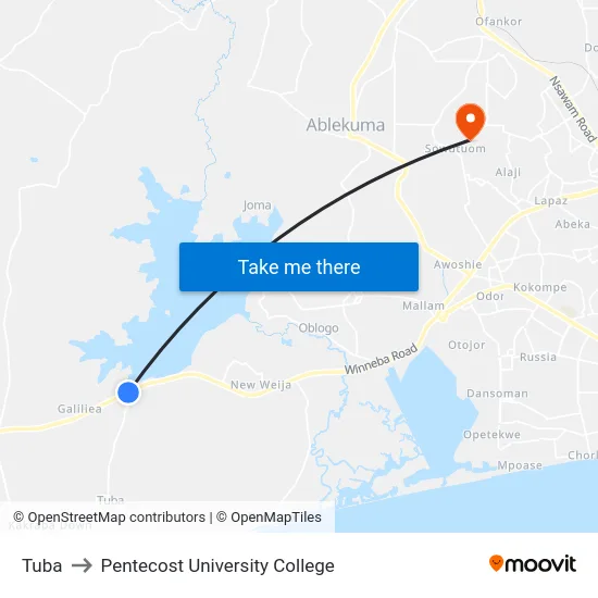 Tuba to Pentecost University College map