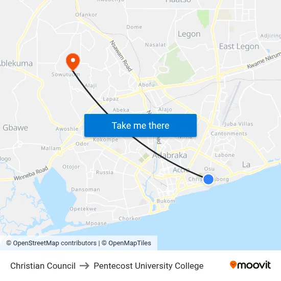 Christian Council to Pentecost University College map