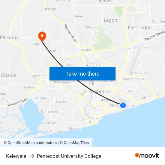 Kelewele to Pentecost University College map