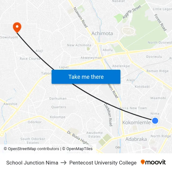 School Junction Nima to Pentecost University College map