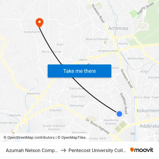 Azumah Nelson Complex to Pentecost University College map
