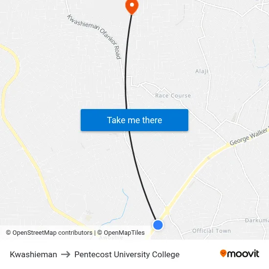 Kwashieman to Pentecost University College map