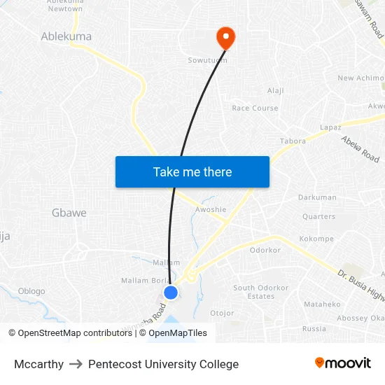 Mccarthy to Pentecost University College map