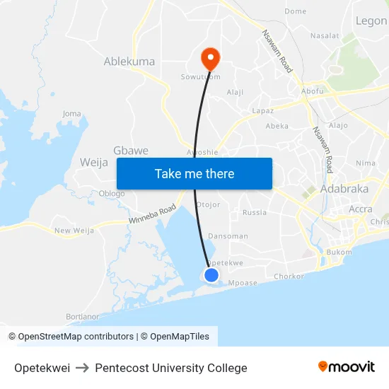 Opetekwei to Pentecost University College map