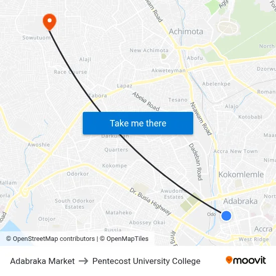 Adabraka Market to Pentecost University College map