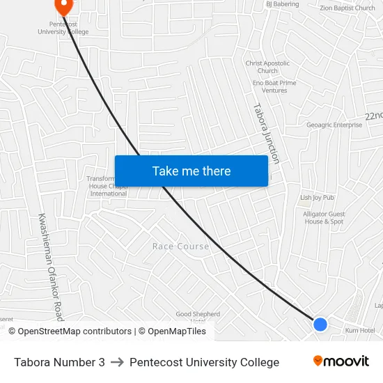 Tabora Number 3 to Pentecost University College map