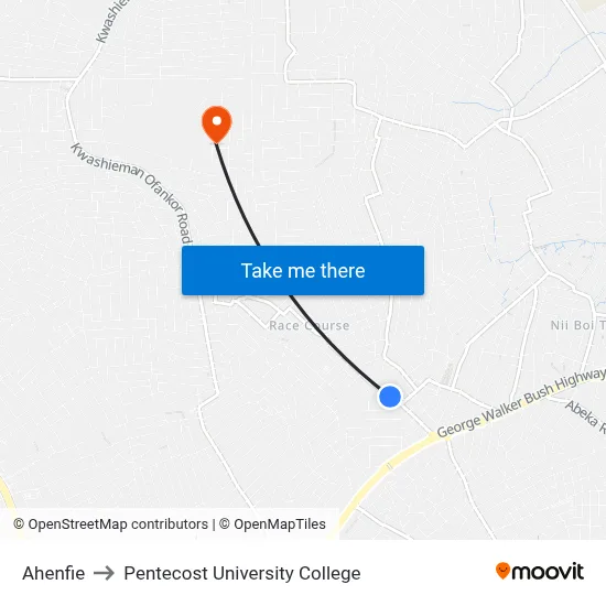 Ahenfie to Pentecost University College map