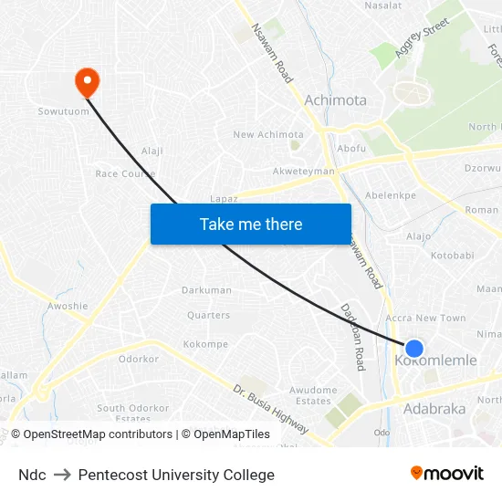 Ndc to Pentecost University College map